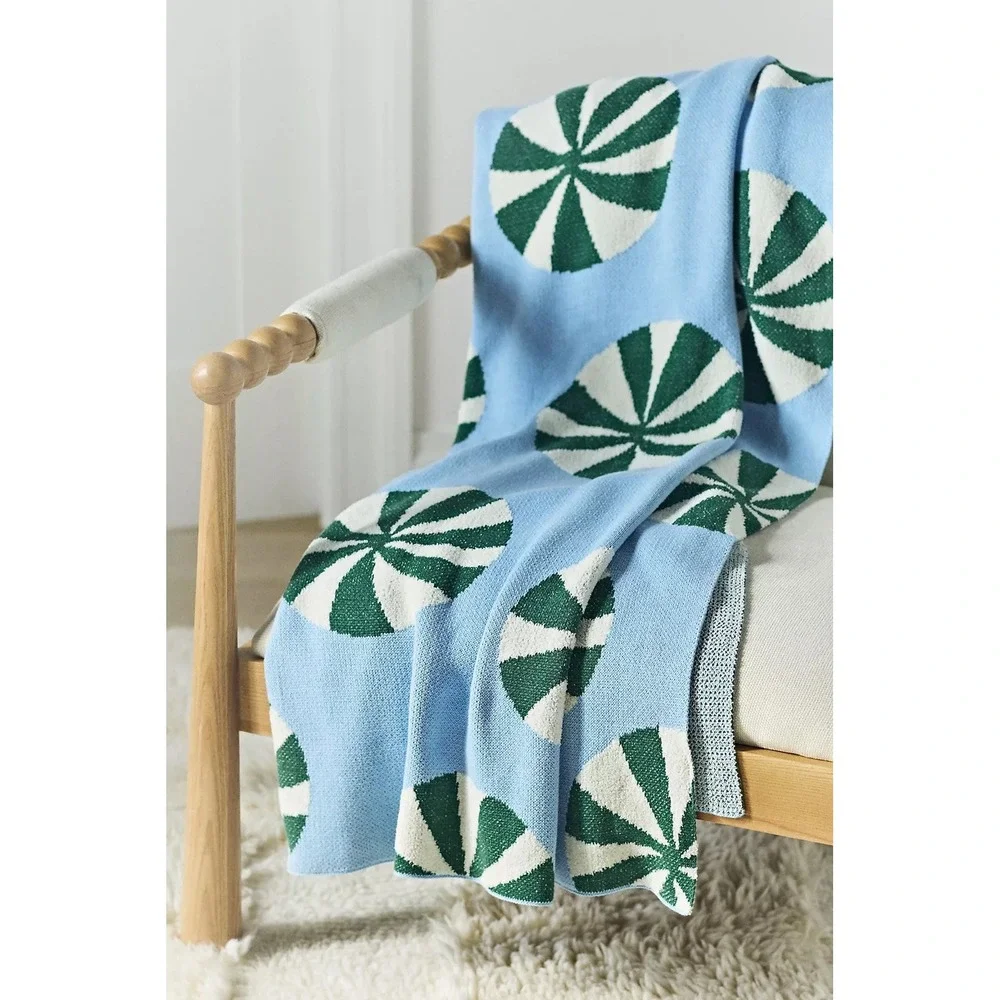 Anthropologie Throw Blanket Bonnie Jacquard 50x60 Blue Peppermint Holiday Knit
